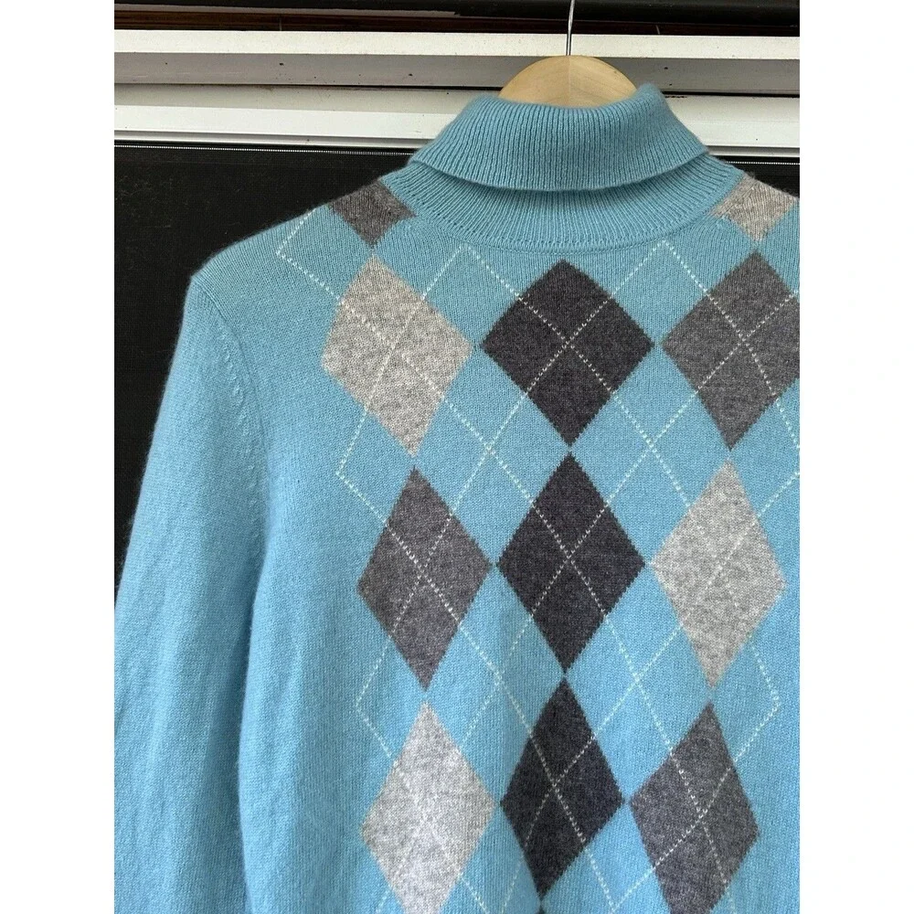 Apt. 9 100% Cashmere Turtleneck Sweater Argyle Size Medium Blue Grey Preppy Knit